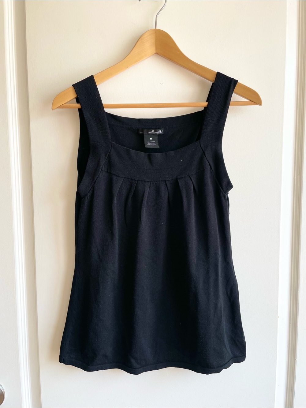 Vintage Womens Y2K Black Square Neck Tank Top Pleated Babydoll M